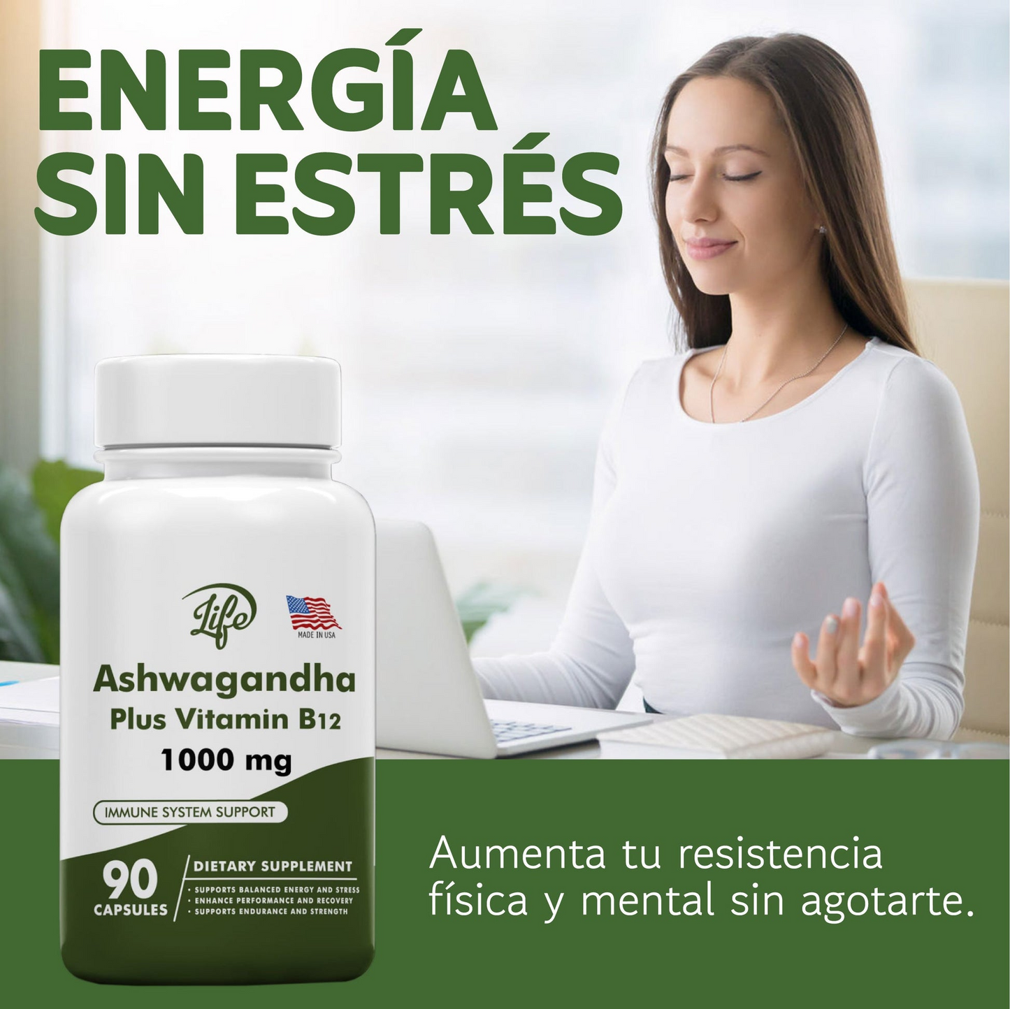 CalmaFuerza™ – Ashwagandha + B12 para Energía y Enfoque